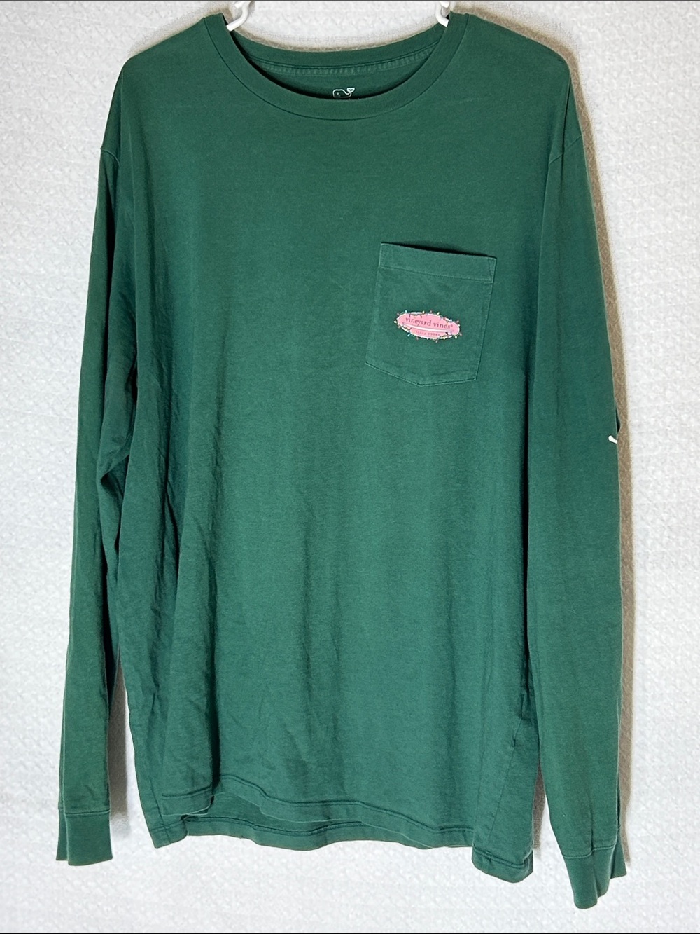 Vineyard Vines Long Sleeve Pocket Tee in Forest Green with Pink Logo